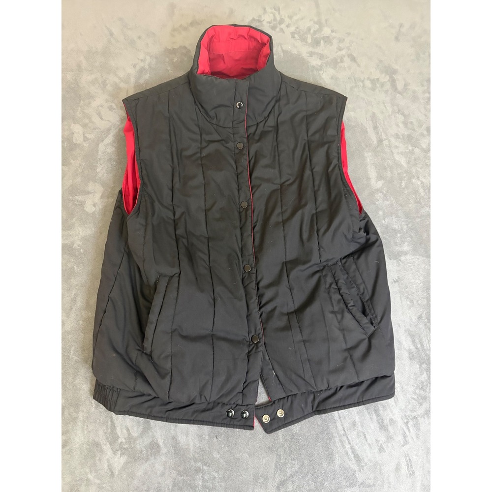 Reversible Puffer Vest Black Red Quilted Snap Front Large